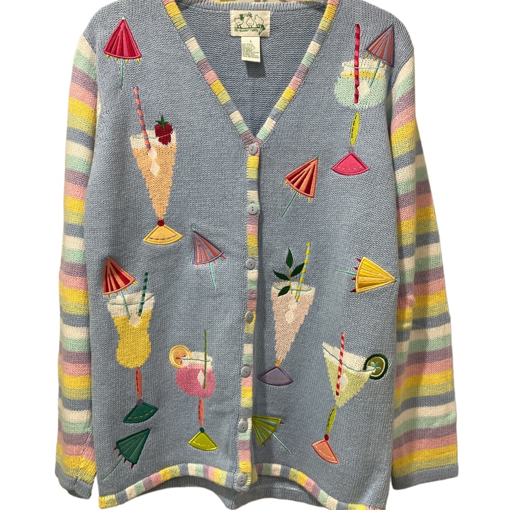 Quacker Factory Pastel Cocktail Drinks Cardigan with Rainbow Sleeves Small.